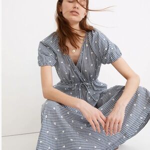 Embroidered Gingham Faux-Wrap Tie-Waist Midi Dress